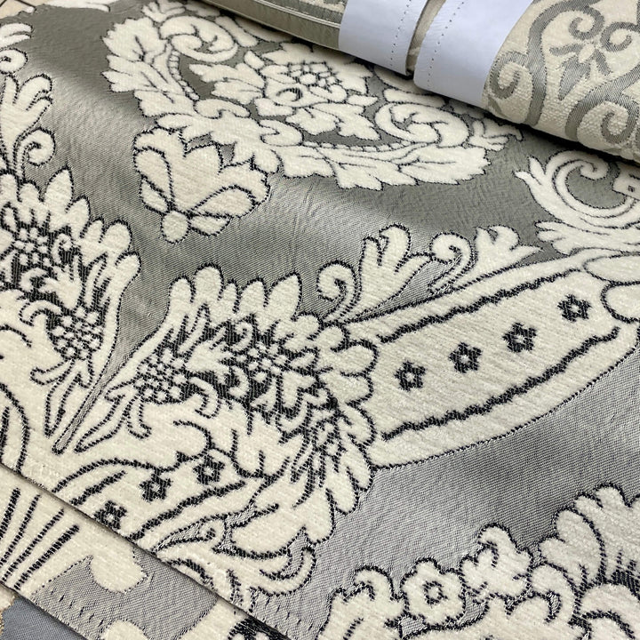 110" TENOR Pewter Silver Gray Beige Classic Contrasting Damask Velvet Fabric