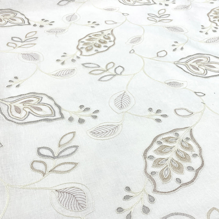 Ivory Large Floral Embroidery Sheer Poly Cotton Linen Fabric