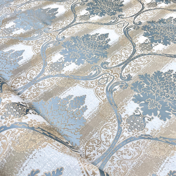 110" LORENS Blue Gray Brown Gold Damask Soft Sheen Jacquard Fabric