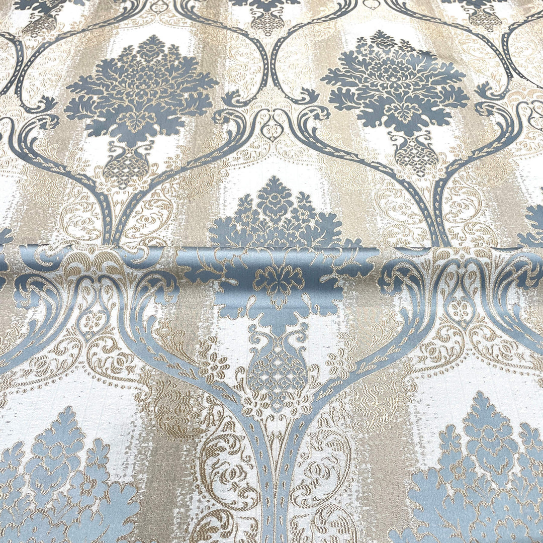 110" LORENS Blue Gray Brown Gold Damask Soft Sheen Jacquard Fabric