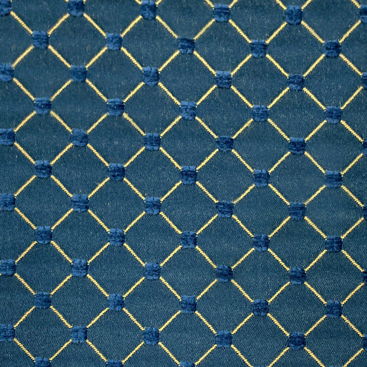 Salice Peacock Blue Gold LInes Diamond Dots Embroidered Jacquard Brocade Fabric
