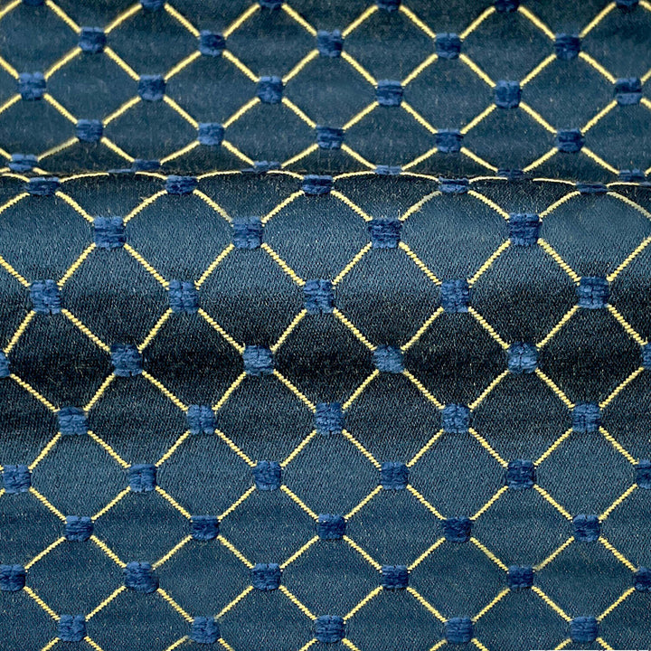 Salice Peacock Blue Gold LInes Diamond Dots Embroidered Jacquard Brocade Fabric