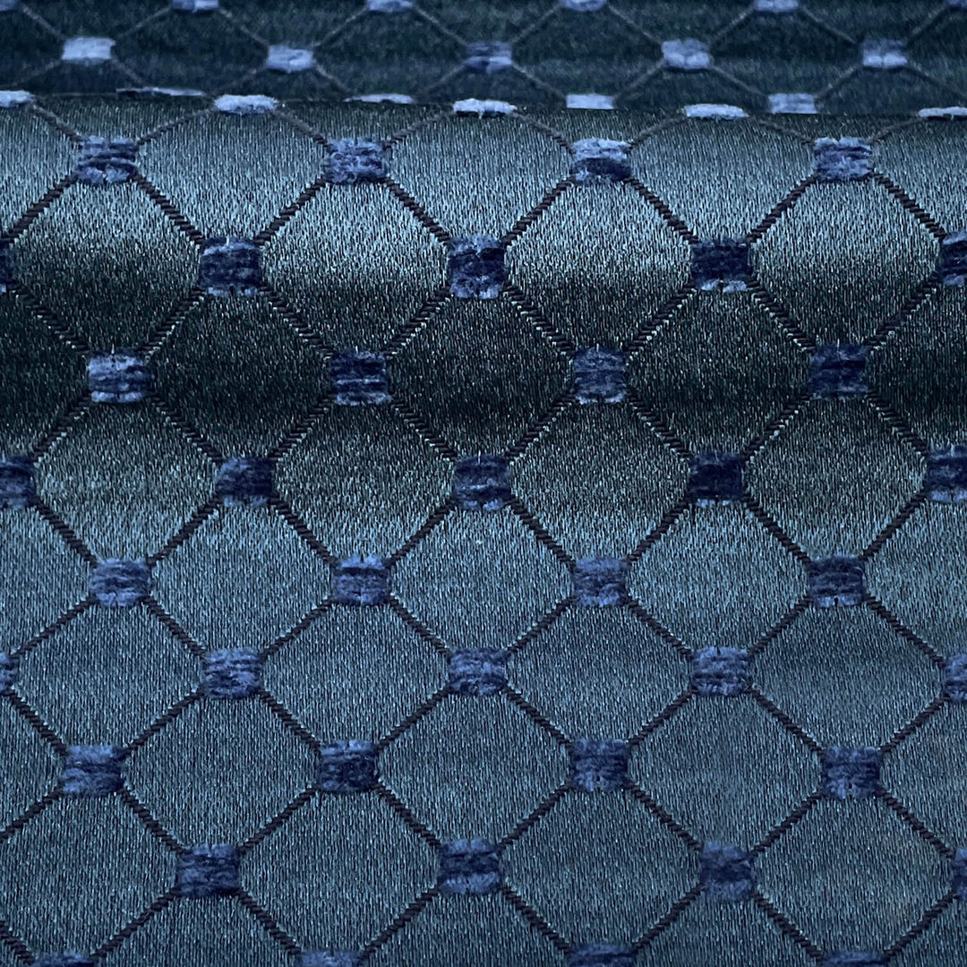 Salice Dark Teal Blue LInes Diamond Dots Embroidered Jacquard Brocade Fabric