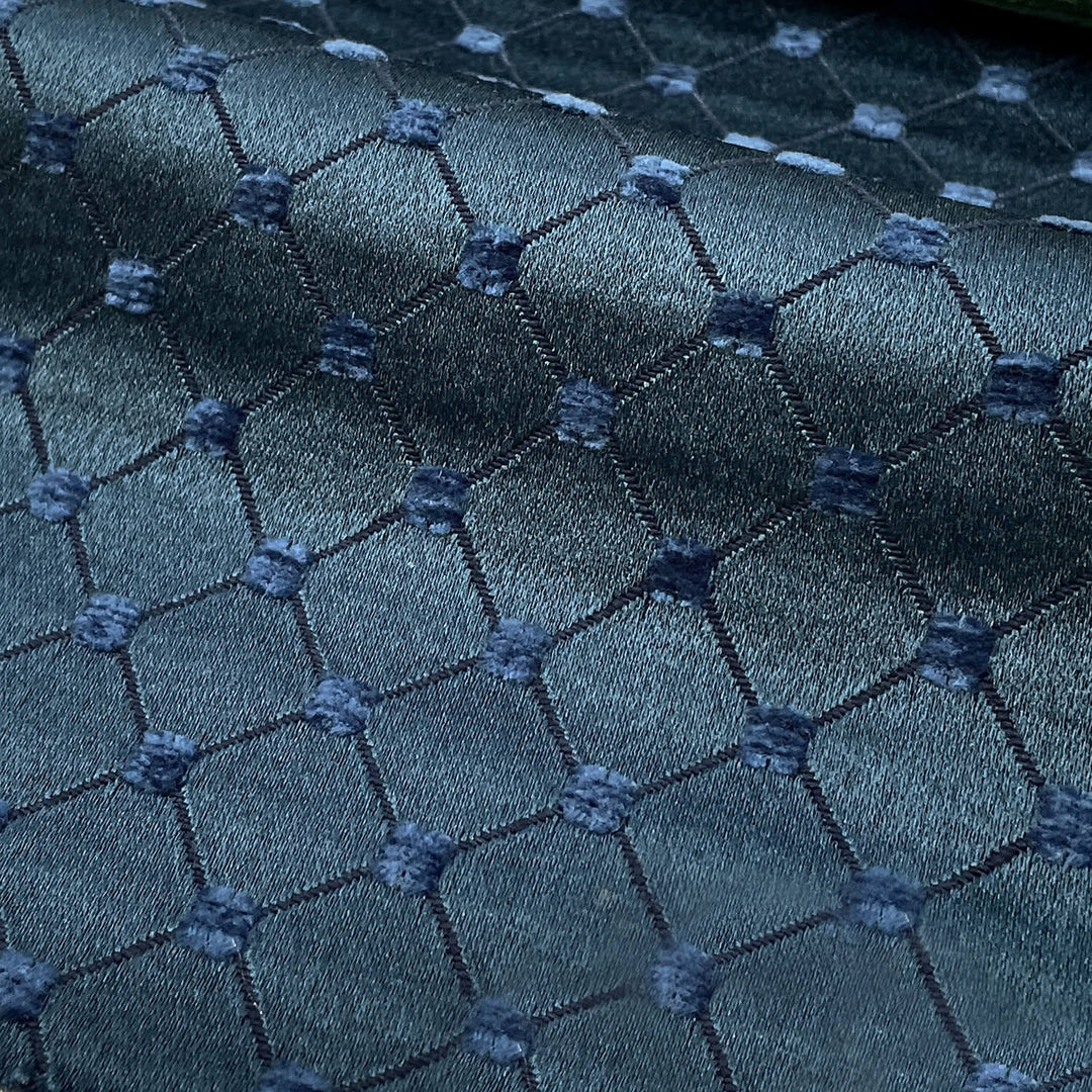 Salice Tessuto broccato jacquard ricamato con linee blu verde acqua scuro e punti di diamante