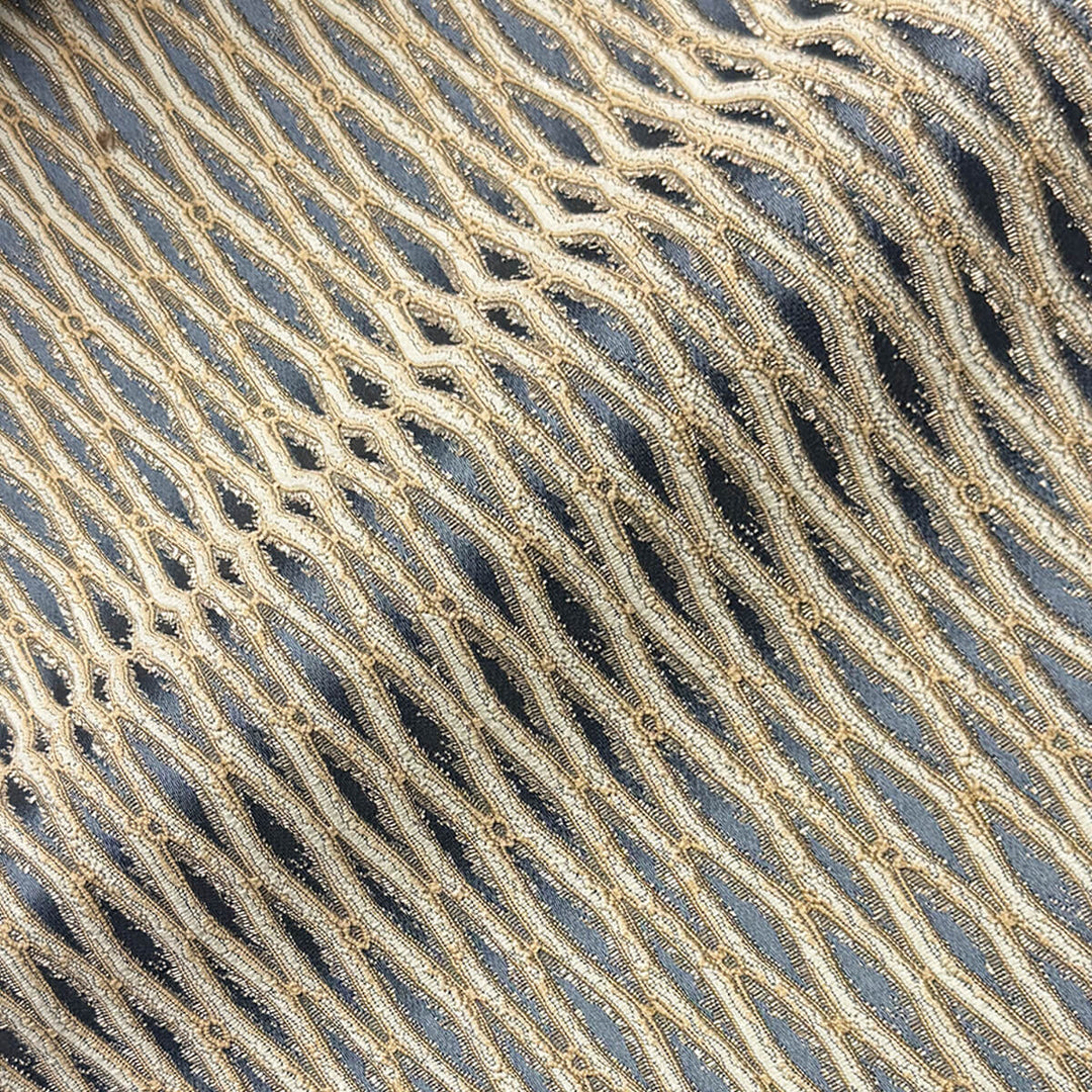 Montrelle Navy Blue Beige Textured Damask Jacquard Brocade Fabric