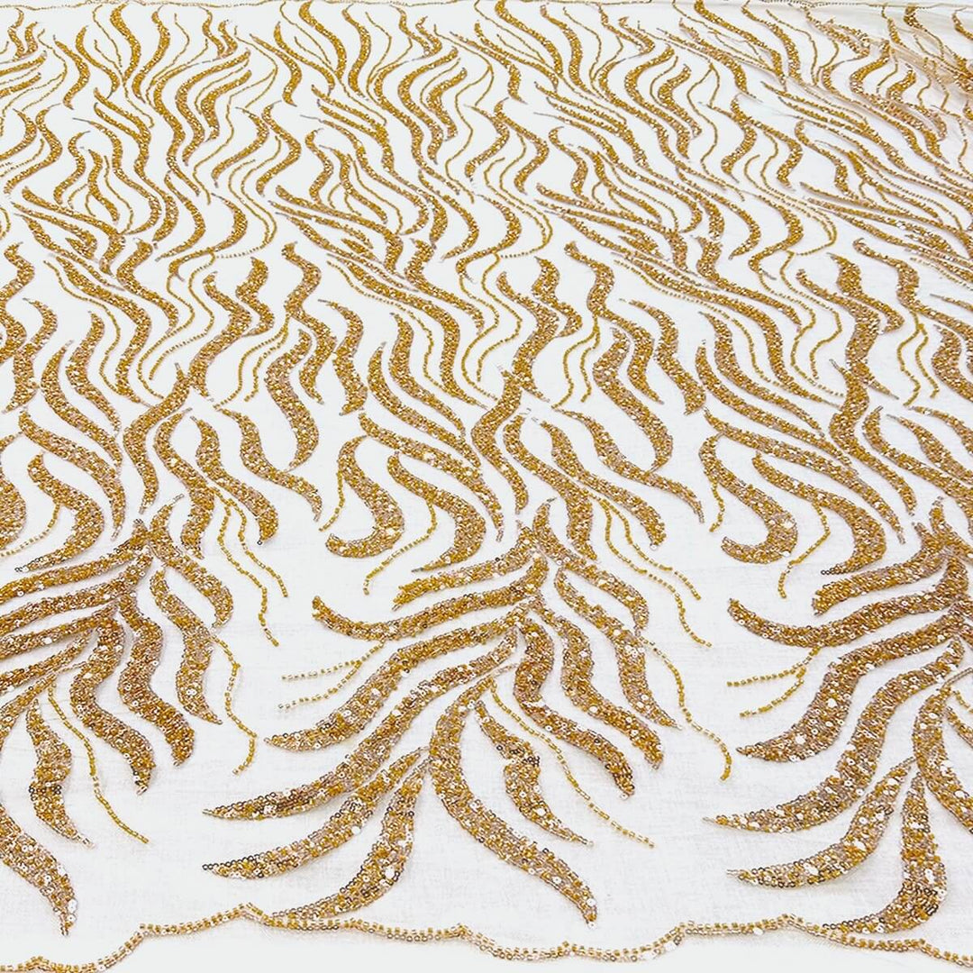 Rose Gold Aude Scroll Sequin Beaded Glitter Embroidery Mesh Lace Wedding Party Dress Fabric