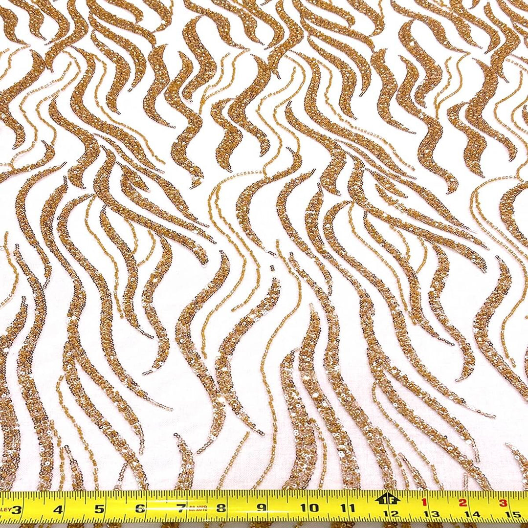 Rose Gold Aude Scroll Sequin Beaded Glitter Embroidery Mesh Lace Wedding Party Dress Fabric