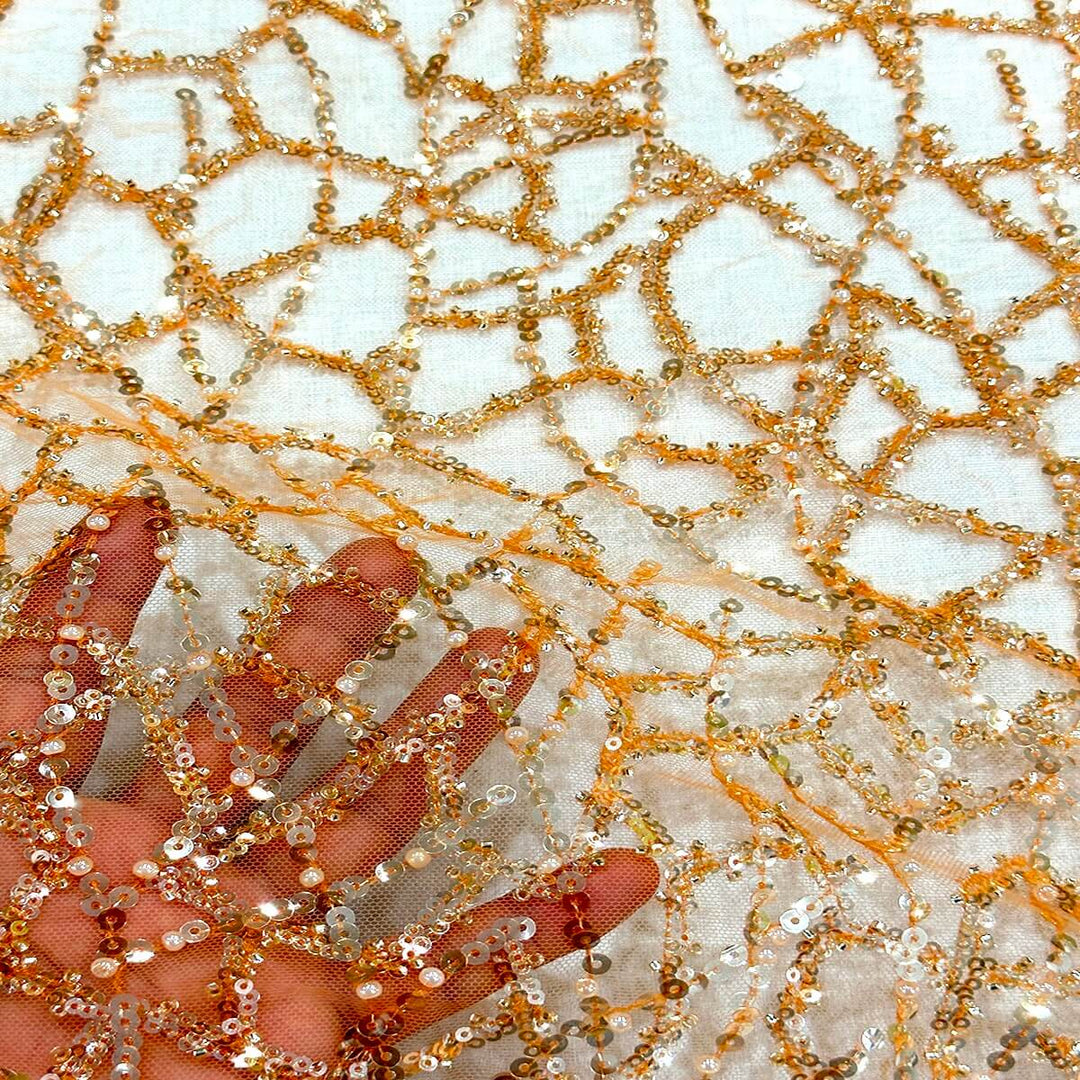 Abstract Orange Sequin Beaded Embroidery Tulle Mesh Lace Party Prom Bridal Dress Fabric