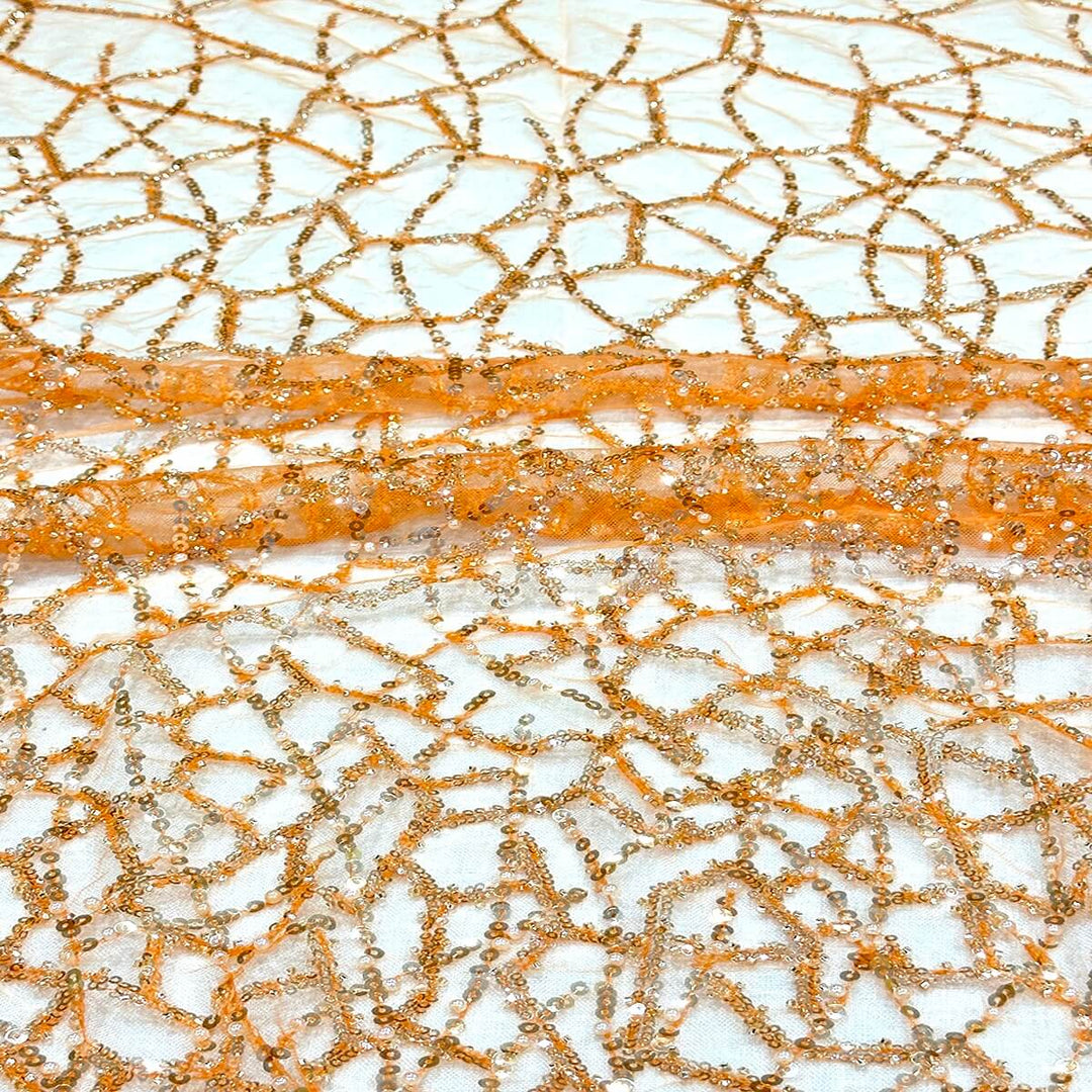 Abstract Orange Sequin Beaded Embroidery Tulle Mesh Lace Party Prom Bridal Dress Fabric