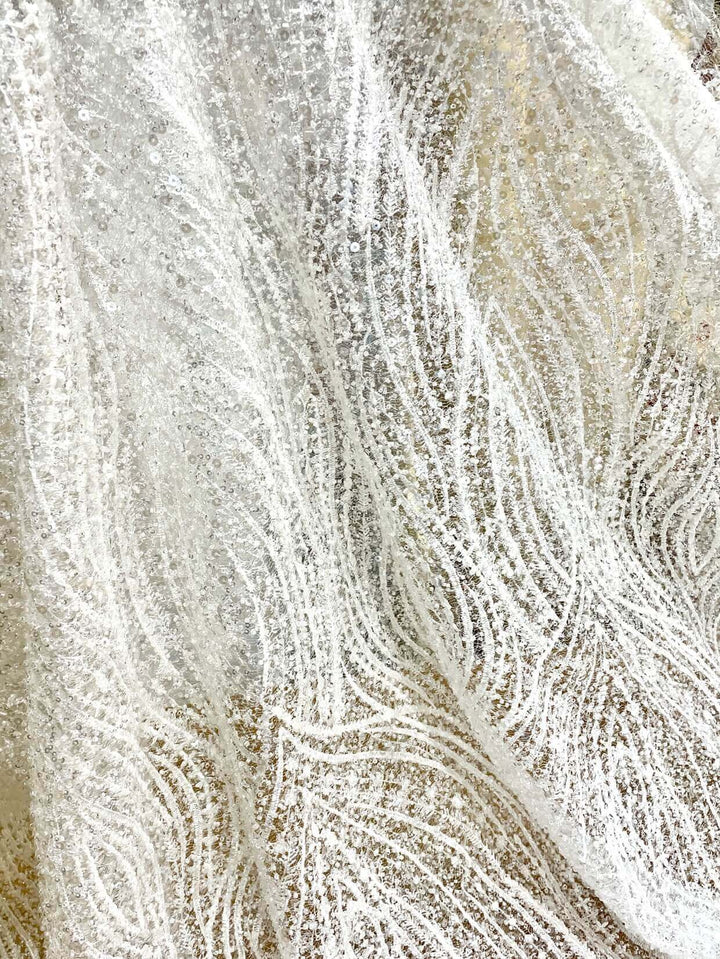 5 YARDS / Maelle Ivory Clear Off White Full Beaded Glitter Embroidery Mesh Lace Wedding Party Prom Bridal Dress Fabric