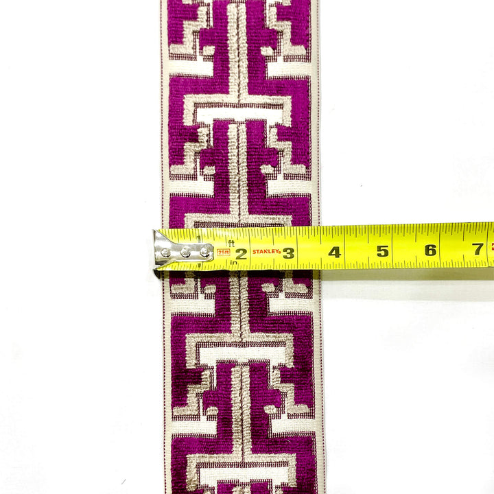 2 YARDS / 3 Inch Dark Purple Beige Geometric Ribbon Tape Trim / Drapery, Upholstery, Pillows, Home Decor / By The Yard