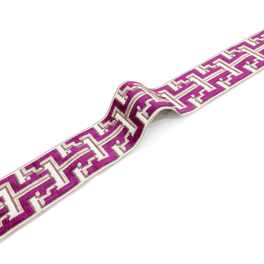 2 YARDS / 3 Inch Dark Purple Beige Geometric Ribbon Tape Trim / Drapery, Upholstery, Pillows, Home Decor / By The Yard