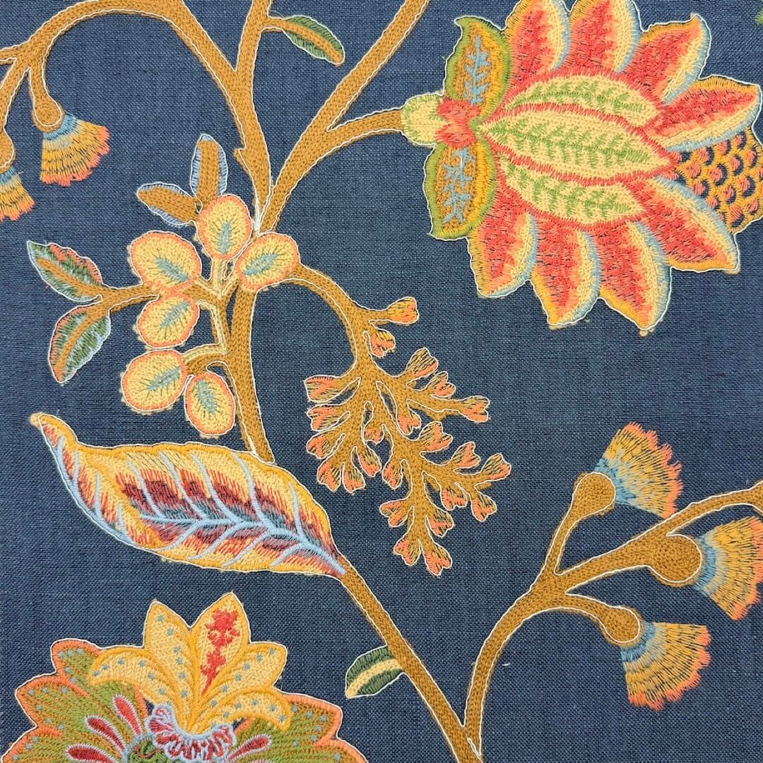 Manonville Blue Mustard  Embroidery Blended Linen Fabric