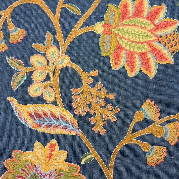 Manonville Blue Mustard  Embroidery Blended Linen Fabric