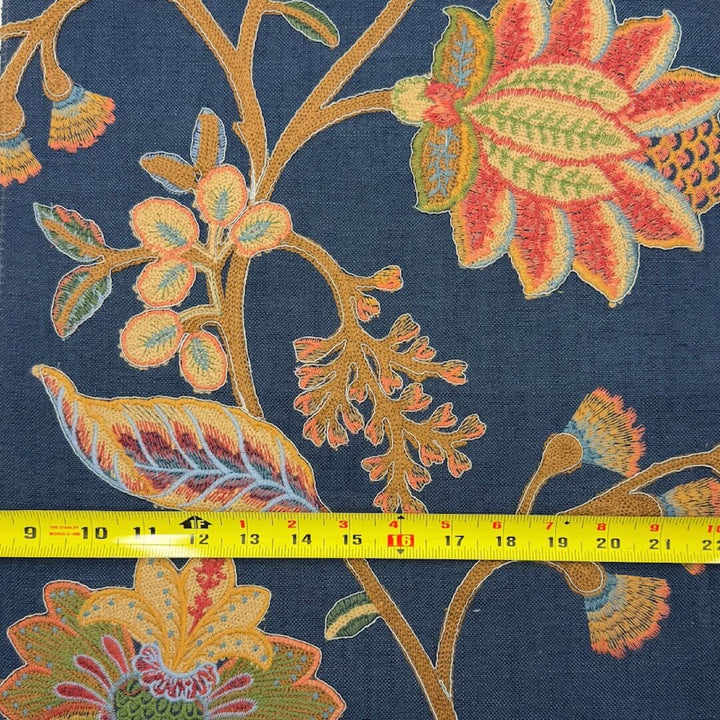 Manonville Blue Mustard  Embroidery Blended Linen Fabric