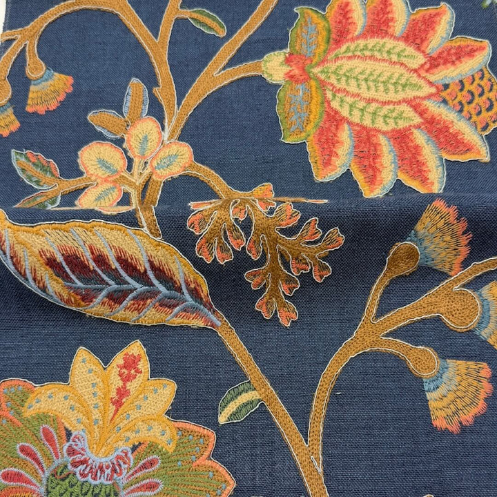 Manonville Blue Mustard  Embroidery Blended Linen Fabric