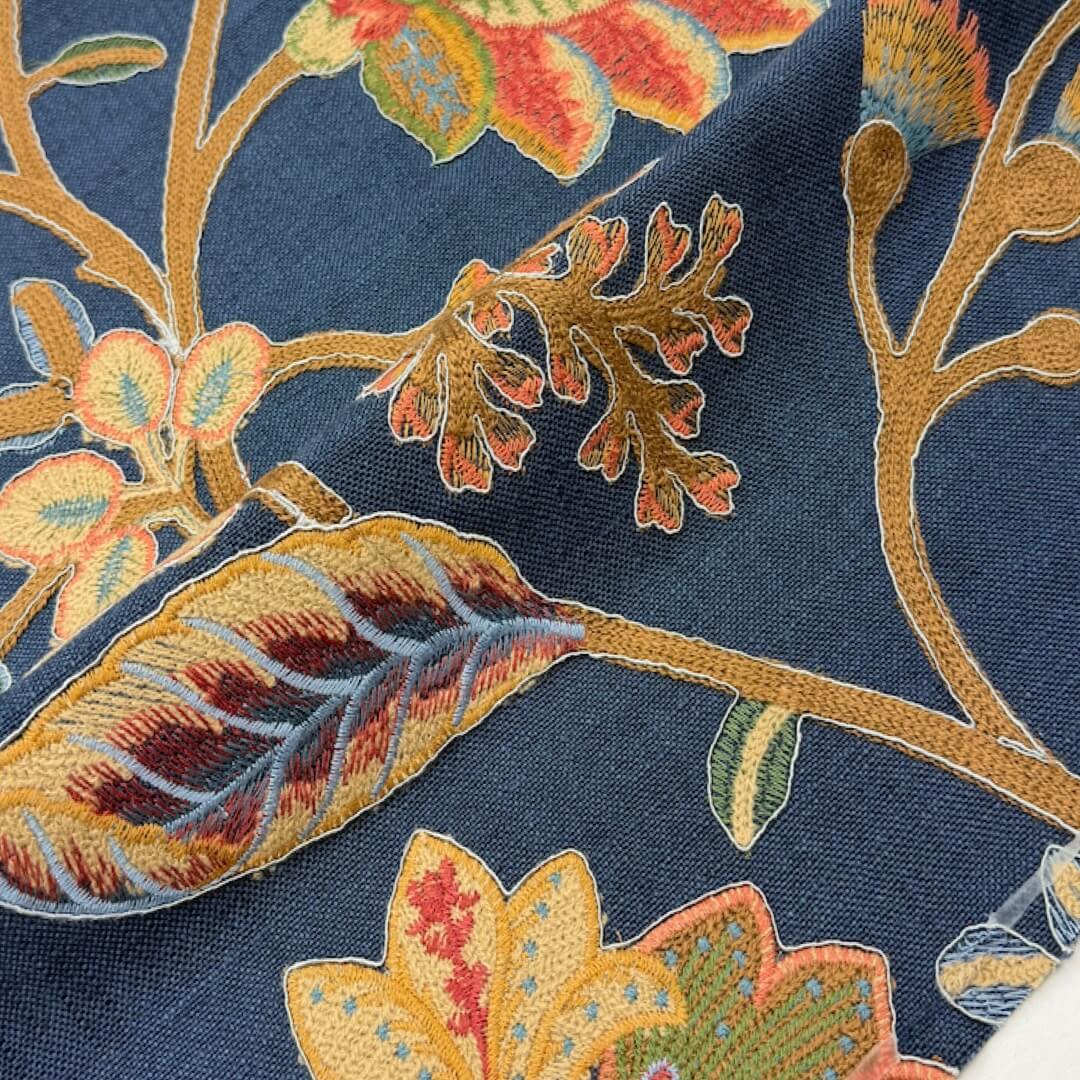 Manonville Blue Mustard  Embroidery Blended Linen Fabric