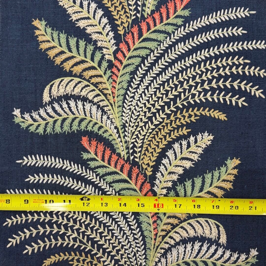 Louisville Blue Mustard Embroidery Blended Linen Fabric