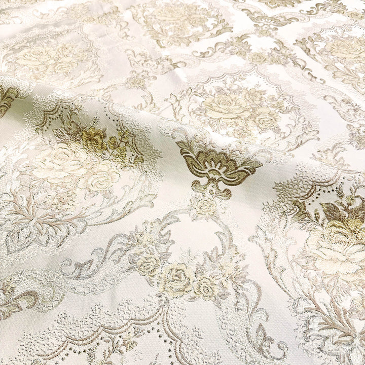 Laemir Golden Thread Ivory Beige Floral Damask Jacquard Brocade Fabric