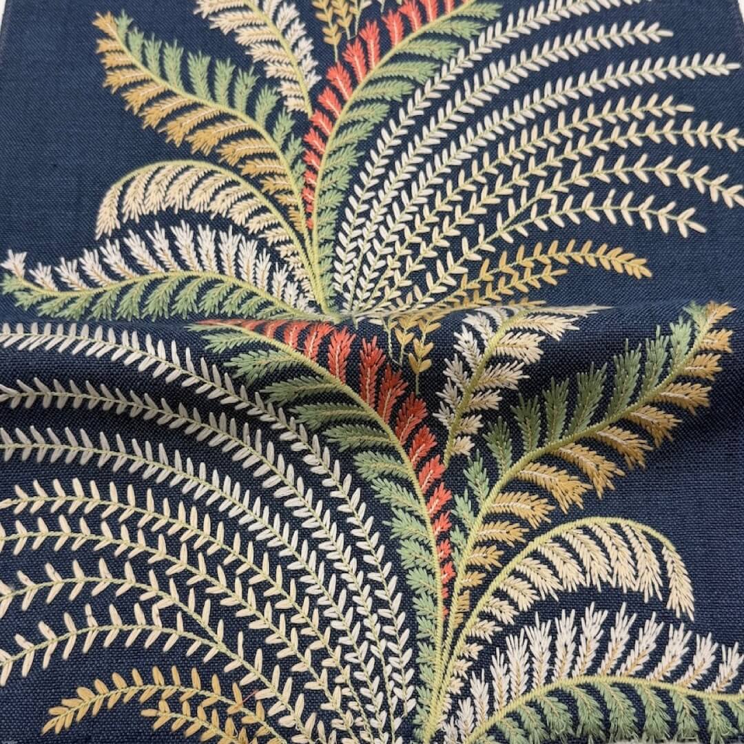 Louisville Blue Mustard Embroidery Blended Linen Fabric