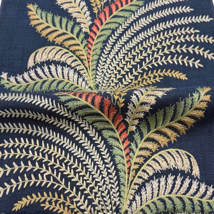 Louisville Blue Mustard Embroidery Blended Linen Fabric