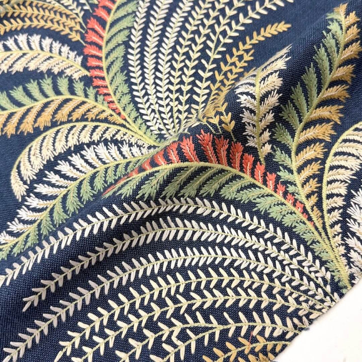 Louisville Blue Mustard Embroidery Blended Linen Fabric