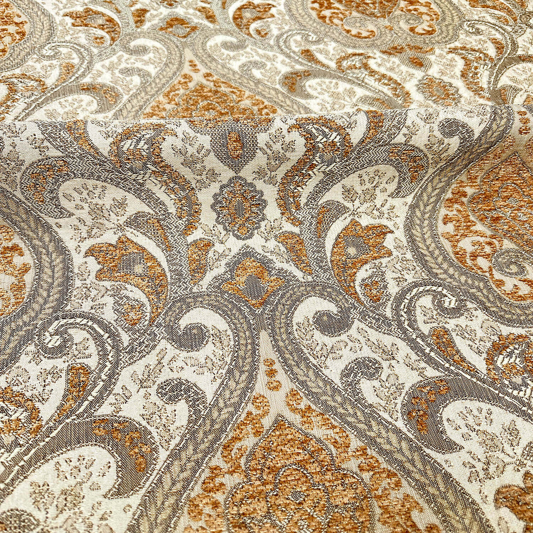 Versailles Damask Brocade Chenille Woven Jacquard Brown Gold Fabric