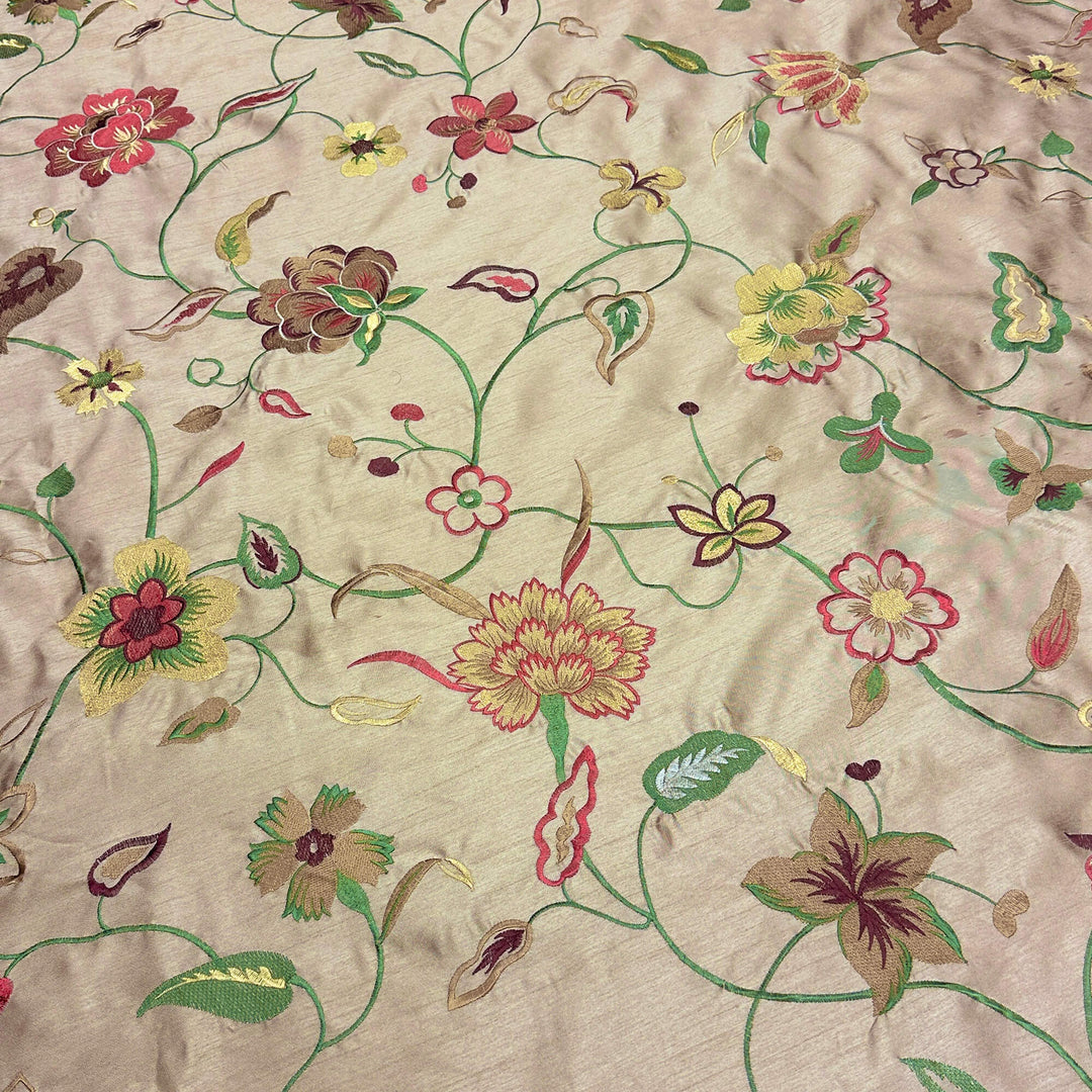 Multicolor Floral Embroidery Faux Silk Fabric