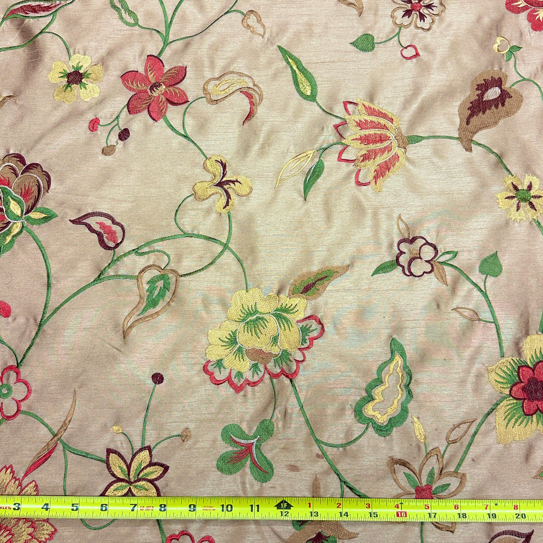 Multicolor Floral Embroidery Faux Silk Fabric