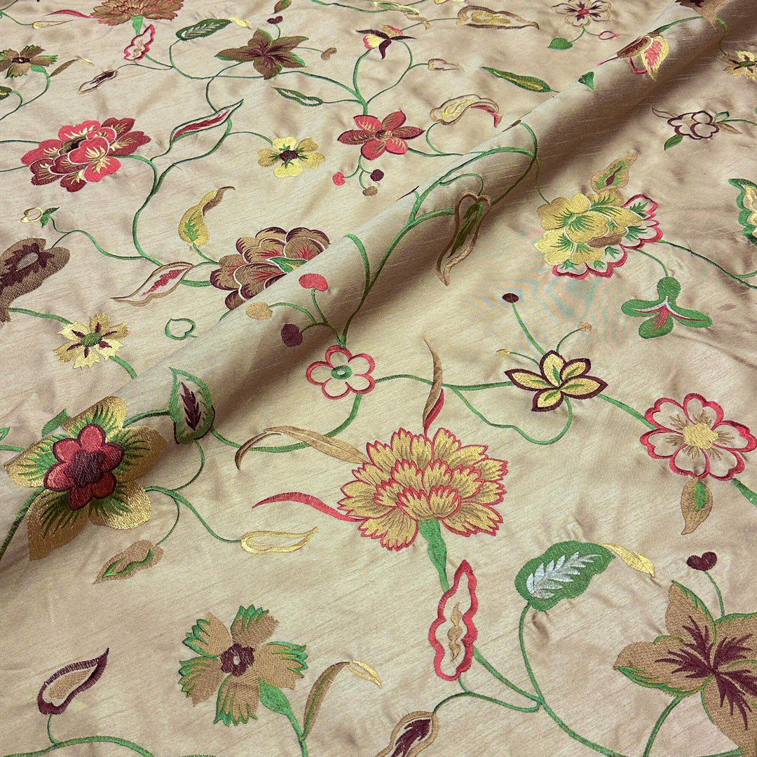 Multicolor Floral Embroidery Faux Silk Fabric