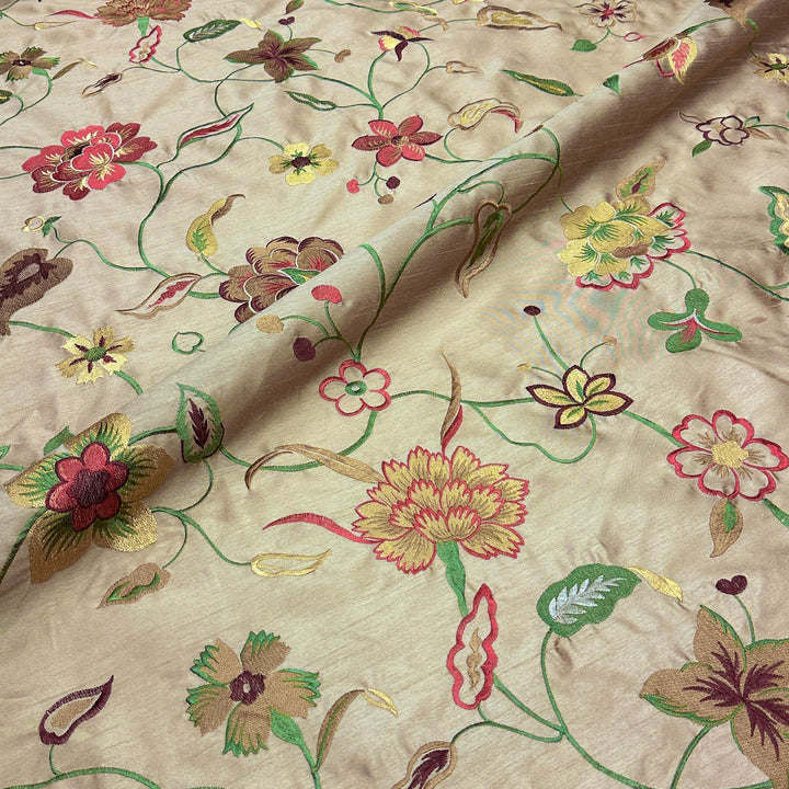 Multicolor Floral Embroidery Faux Silk Fabric