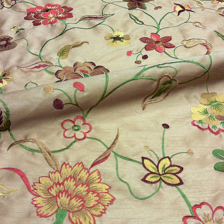 Multicolor Floral Embroidery Faux Silk Fabric