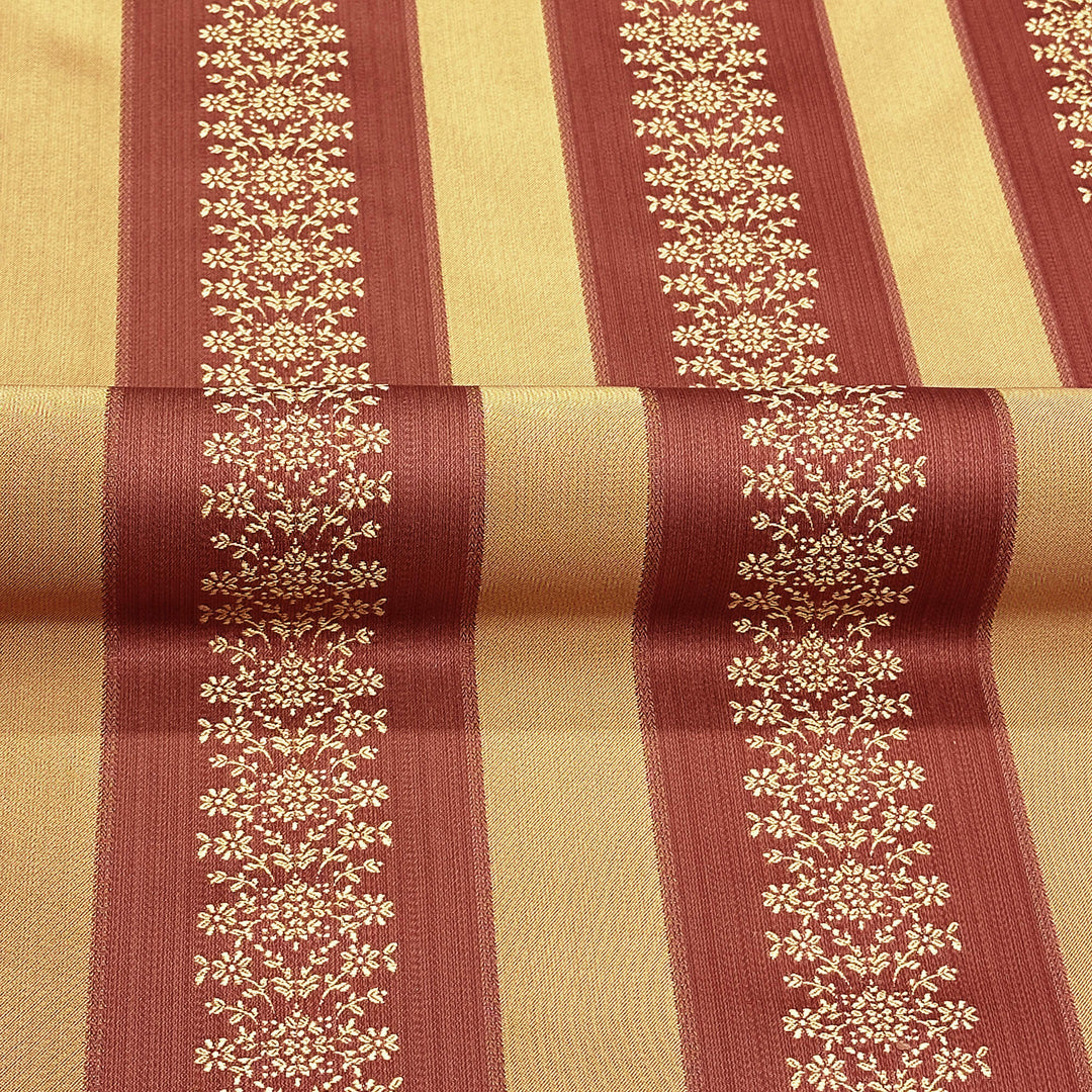 Villanova Brown Gold Stripe Floral Damask Jacquard Brocade Fabric