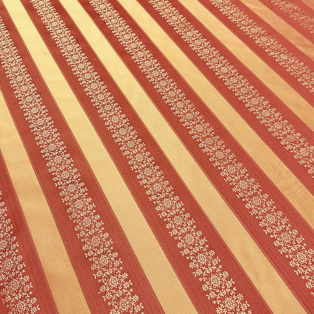 Villanova Brown Gold Stripe Floral Damask Jacquard Brocade Fabric