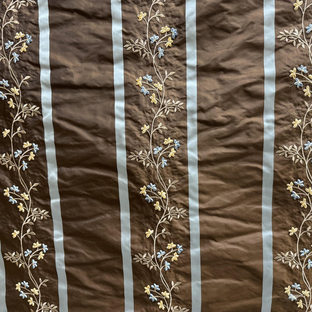 Quorelle Striped Floral Embroidered Silk Fabric in Espresso