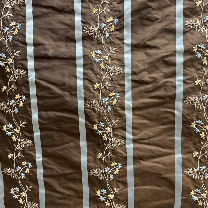 Quorelle Striped Floral Embroidered Silk Fabric in Espresso