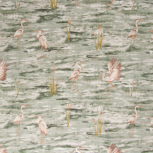 Wadebrook embroidered watercolor heron fabric in Everglade