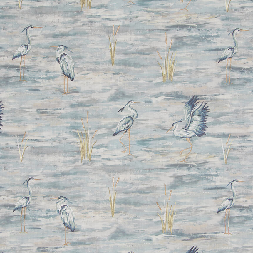 Wadebrook embroidered watercolor heron fabric in Ocean