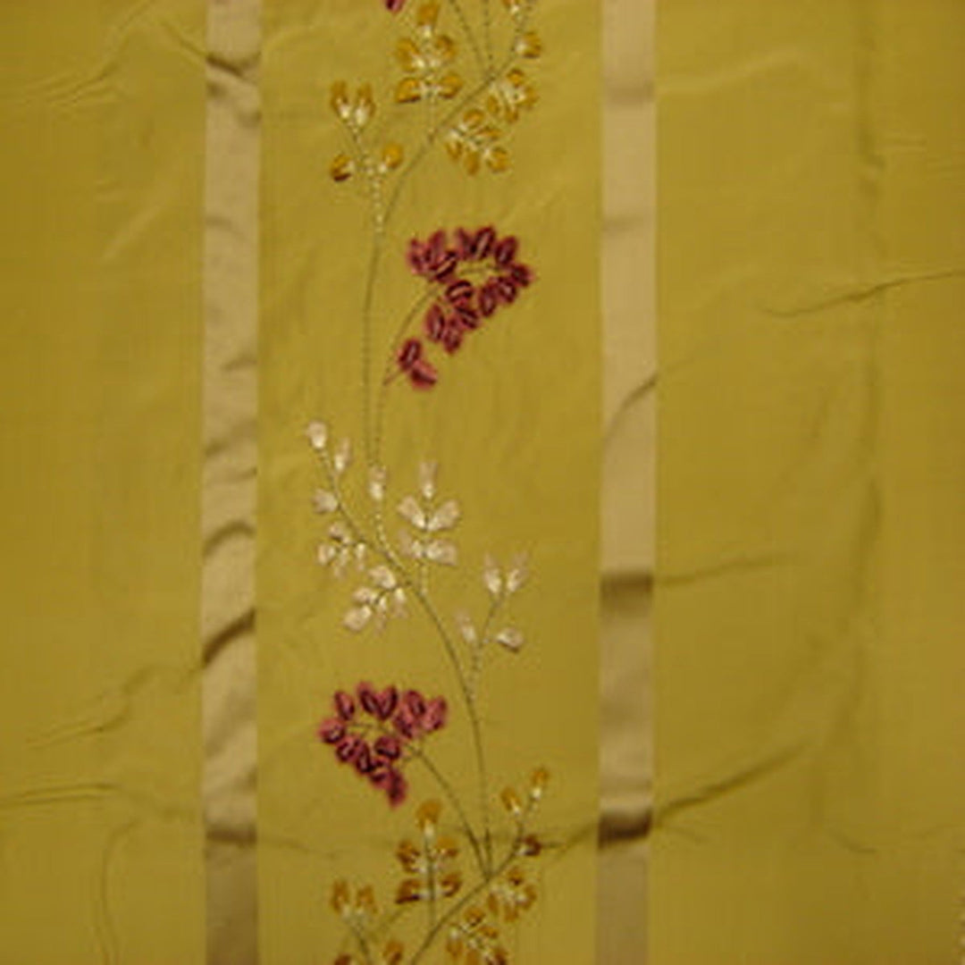 Belvanne Stripe Floral Embroidered Silk Fabric in Wheat