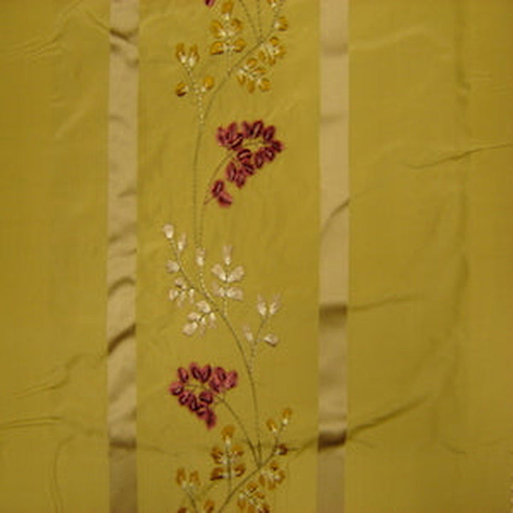 Belvanne Stripe Floral Embroidered Silk Fabric in Wheat