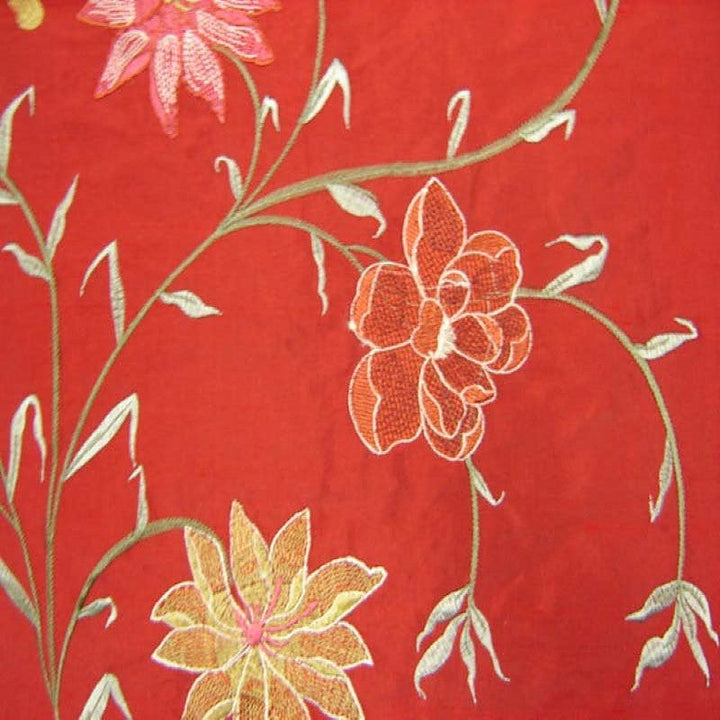 Elmara Floral Embroidered Silk Fabric in Merlot/Fire