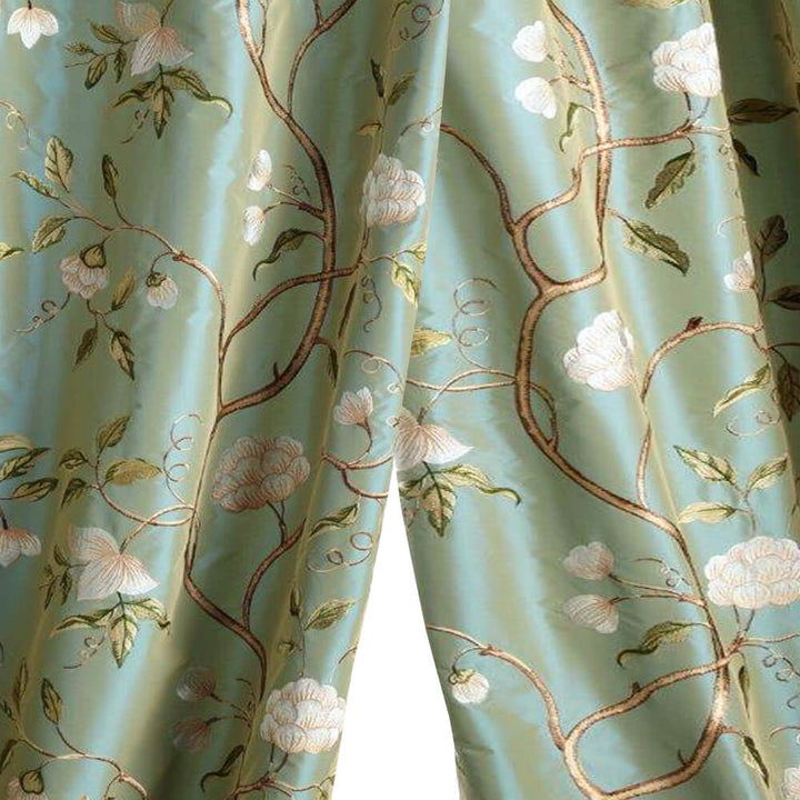 LEMAN Blue Green Seafoam Floral Embroidered Faux Silk Lined Rod Pocket Ready Made Curtain Drapery Panel - Sold Separately