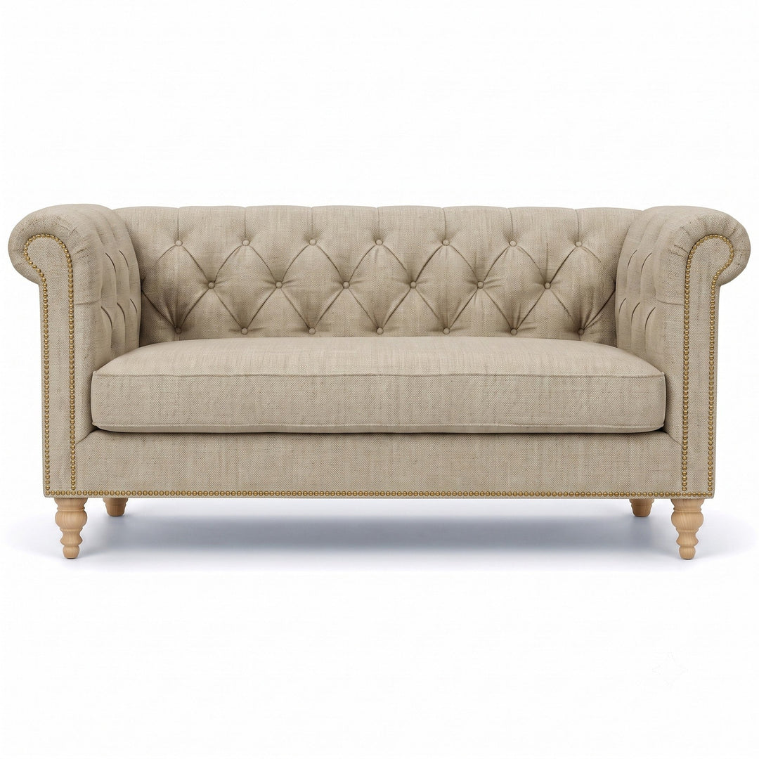 Lennon Fabric in color Beige made on a sofa is a Solid Linen Blend Fabric that is good for Drapery & Curtain Fabric and Upholstery Fabric