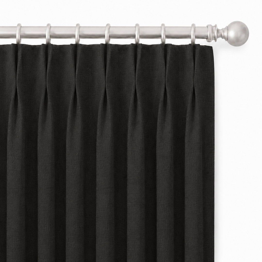 Lennon Fabric in color Black made as a drapery is a Solid Linen Blend Fabric that is good for Drapery & Curtain Fabric and Upholstery Fabric