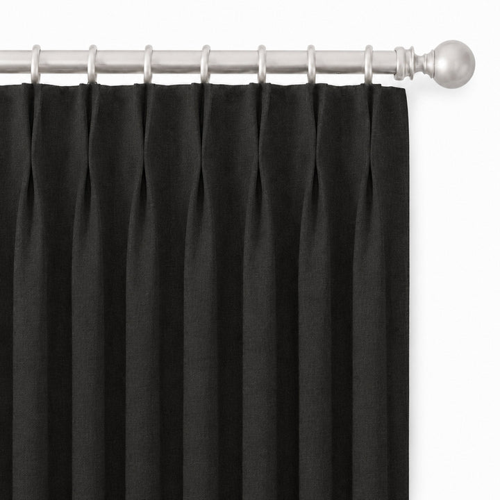 Lennon Fabric in color Black made as a drapery is a Solid Linen Blend Fabric that is good for Drapery & Curtain Fabric and Upholstery Fabric