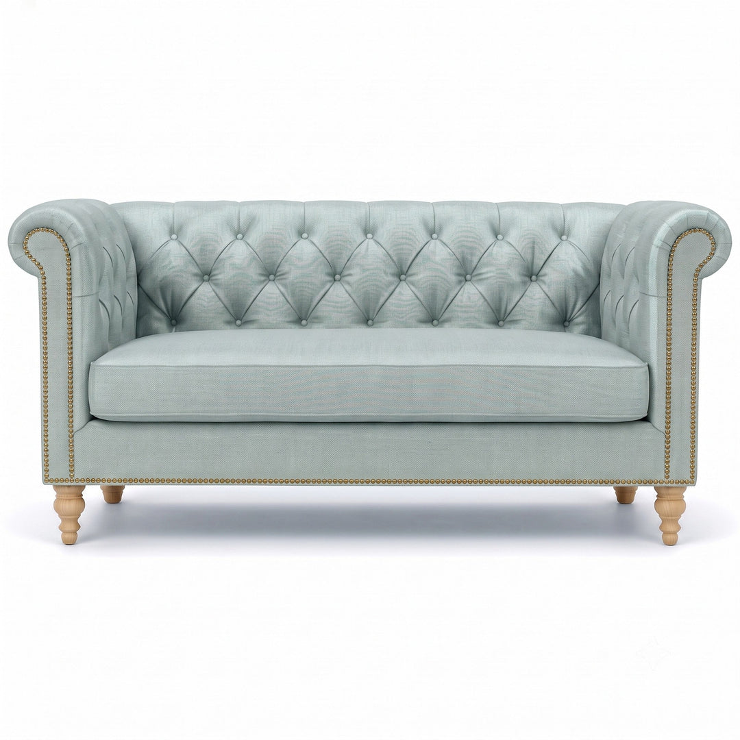 Lennon Fabric in color Spa made on a sofa is a Solid Linen Blend Fabric that is good for Drapery & Curtain Fabric and Upholstery Fabric