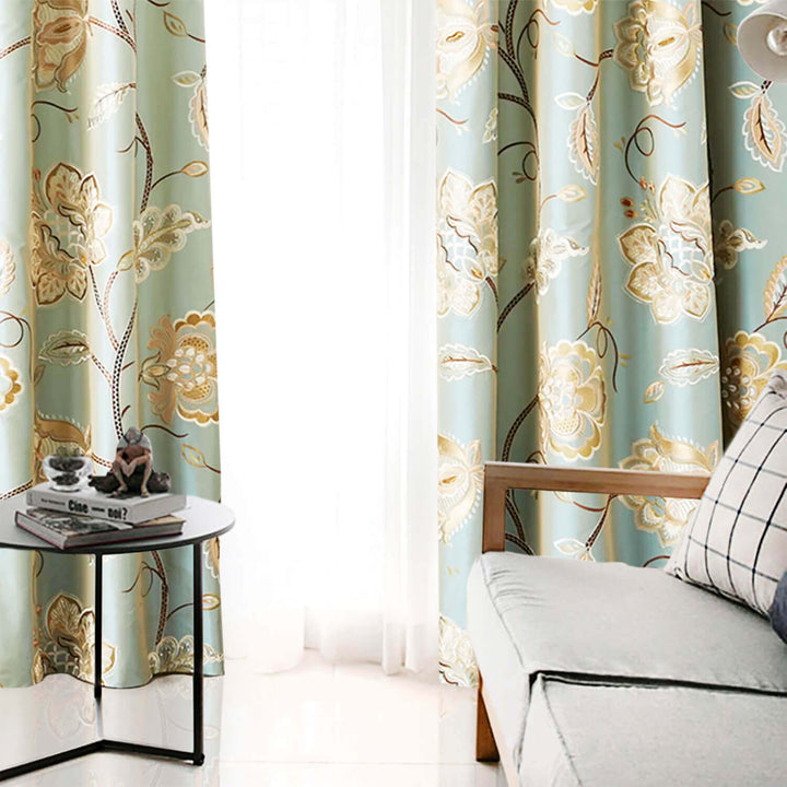 LEMOINE Green Floral Embroidered Faux Silk Lined Rod Pocket Ready Made Curtain Drapery Panel - Sold Separately