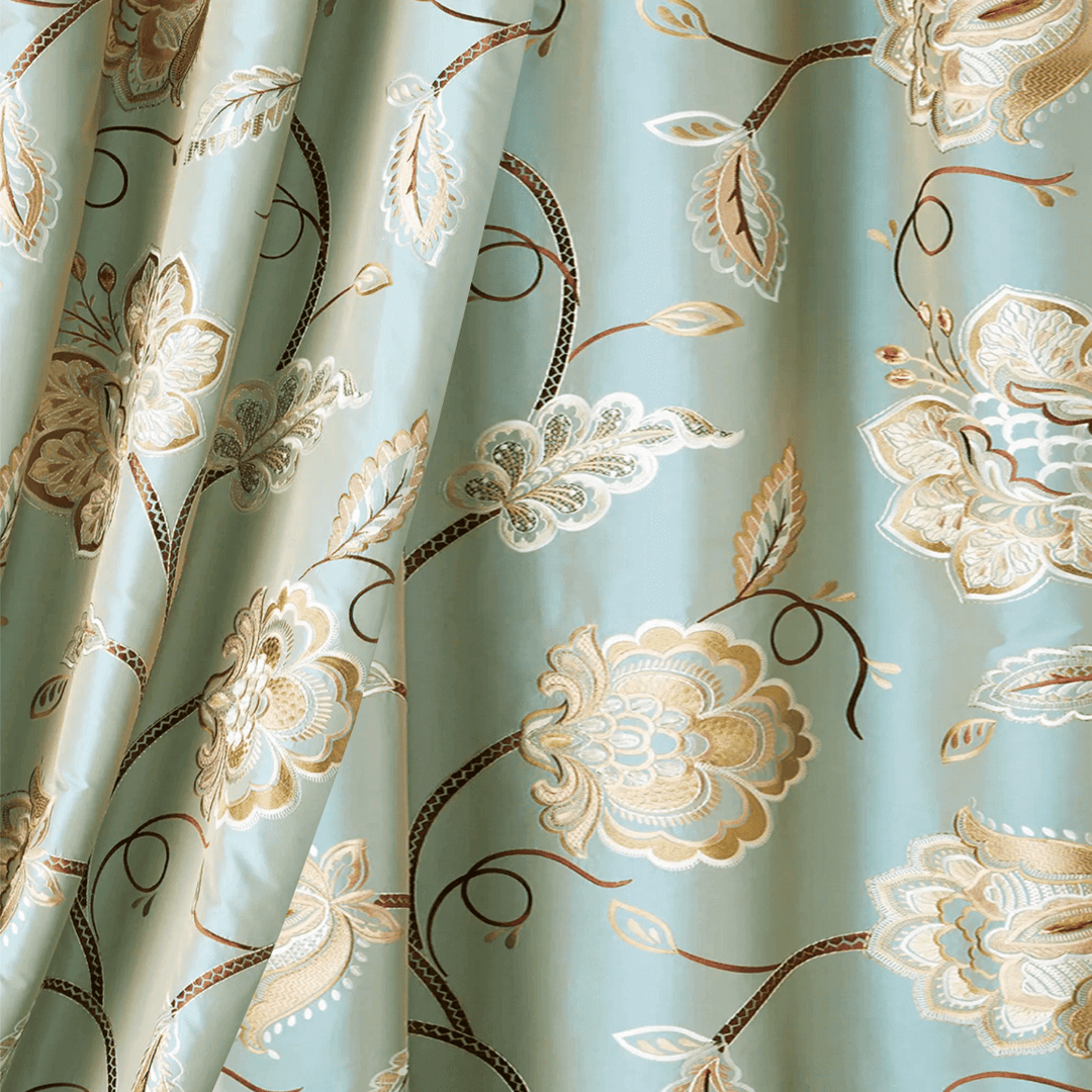 LEMOINE Green Floral Embroidered Faux Silk Lined Rod Pocket Ready Made Curtain Drapery Panel - Sold Separately