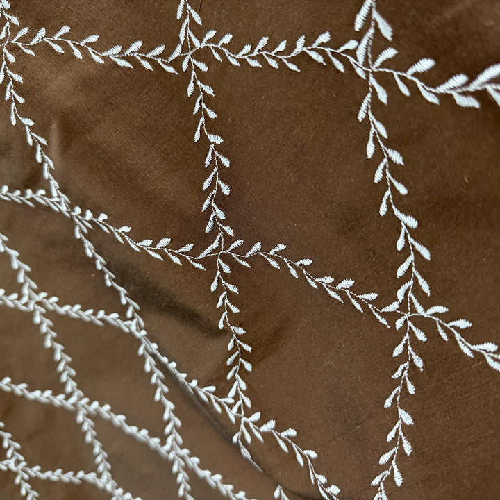 Halessa Diamond Embroidered Floral Silk Fabric in Chocolate