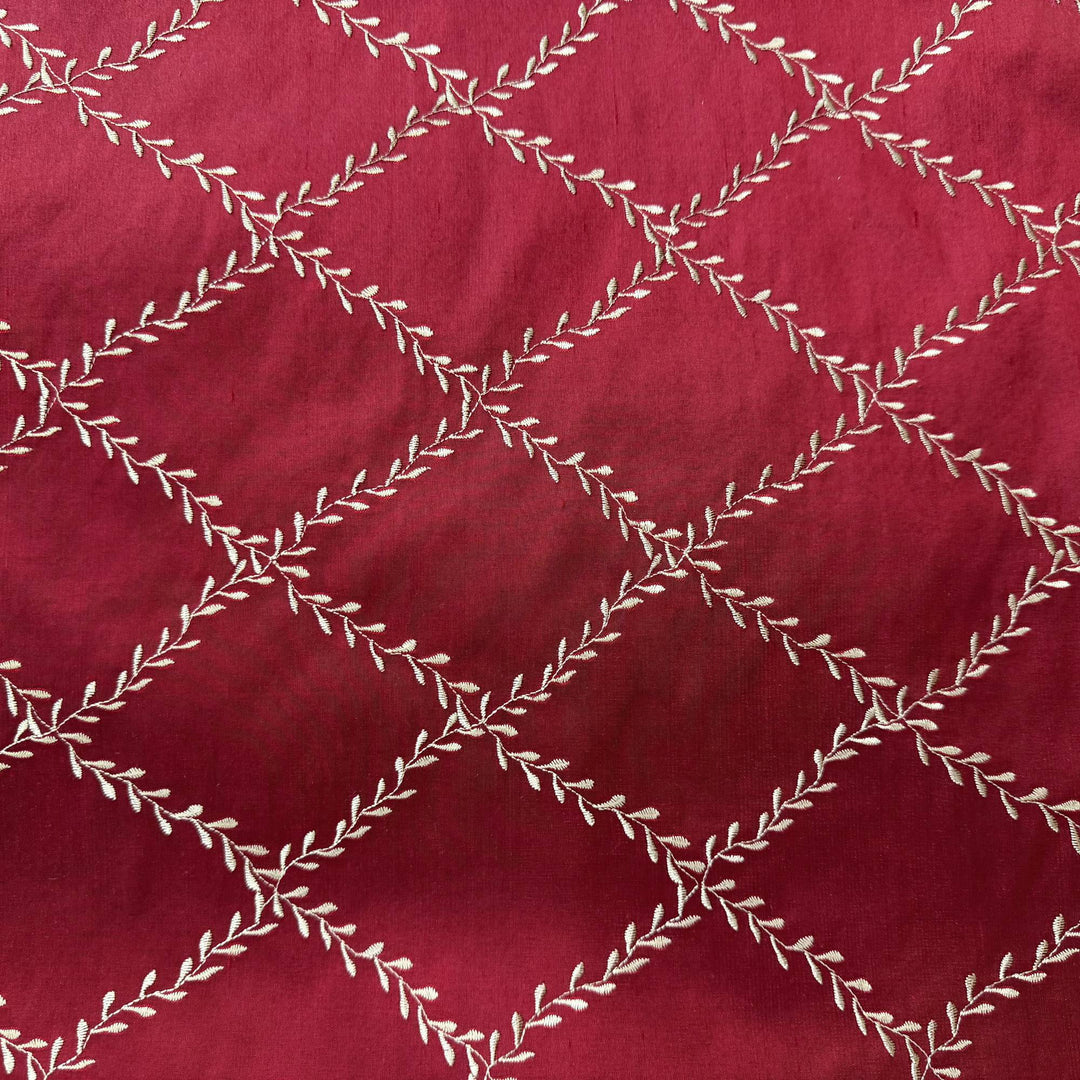 Halessa Diamond Embroidered Floral Silk Fabric in Cranberry